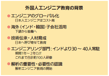 外国人エンジニア教育の背景としては、以下の5つがある。日本人エンジニアの高コスト化による、エンジニアのグローバル化。インドや韓国などの海外子会社を下請けとしてではなく、協働という形での活用。外国人エンジニアを日本へ呼び寄せて教育を行なうことで、技術伝承を目的とした人材育成を行なう。エンジニアリング部門ではインドから30-40人常駐しており、OJT期間1年-2年行い、これまで合計約100人研修を実施。解析の重要性・必要性の認識をしていることから、解析エンジニア教育を開始している。 外国人エンジニア教育の背景としては、以下の5つがある。日本人エンジニアの高コスト化による、エンジニアのグローバル化。インドや韓国などの海外子会社を下請けとしてではなく、協働という形での活用。外国人エンジニアを日本へ呼び寄せて教育を行なうことで、技術伝承を目的とした人材育成を行なう。エンジニアリング部門ではインドから30-40人常駐しており、OJT期間1年-2年行い、これまで合計約100人研修を実施。解析の重要性・必要性の認識をしていることから、解析エンジニア教育を開始している。