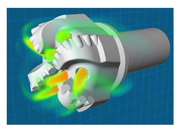 ドリルビットの流体シミュレーション速度分布をボリュームレンダリングで表示（データ提供：Pointwise）