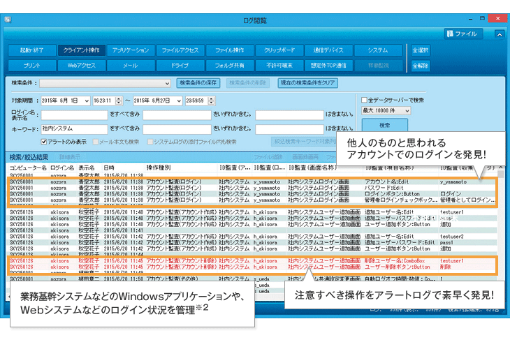 日々のPC操作をログとして管理、障害発生時の早期対応などにも活躍